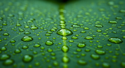 Fresh green leaf glistening with morning dew, droplets reflecting nature's beauty, perfect for wellness, spa and eco-friendly brands needing serene imagery