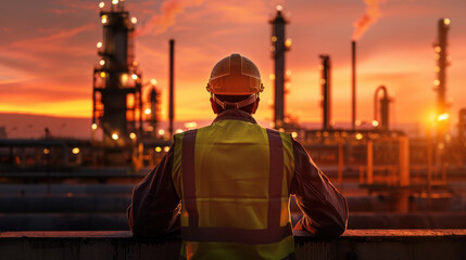 Worker in reflective vest observes industrial landscape at sunset, surrounded by smokestacks and machinery, reflecting on energy sector impact