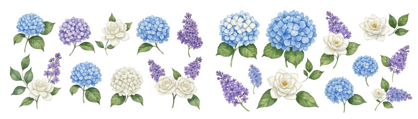 Delicate watercolor illustration of blue hydrangeas, white roses, and lilacs with lush green leaves.