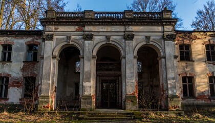 Obraz premium A dilapidated mansion with arched colonnades and decaying brickwork.