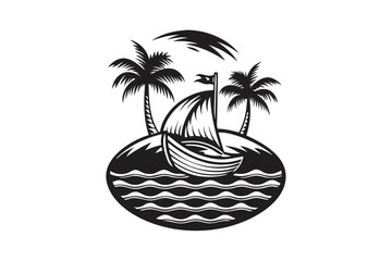 Obraz premium Minimalist Boat, Palm Trees, and Anchor on White Background Icon