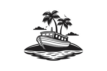 Fototapeta premium Boat and Anchor Icon with Palm Trees in on White Background