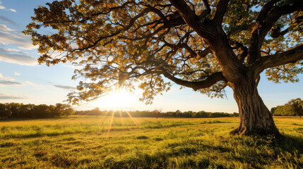 Fototapeta premium Majestic oak tree stands in sunlit meadow, casting soft beams of light across lush green grass. warm glow of setting sun enhances tranquil atmosphere of this serene landscape
