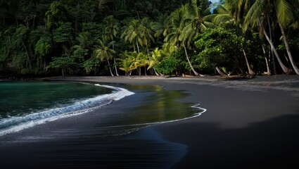 Dramatic Black Sand Beach with Lush Palm Trees and Gentle Waves in Costa Rica