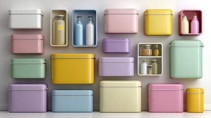 Colorful Storage Boxes With Containers On Light Wall