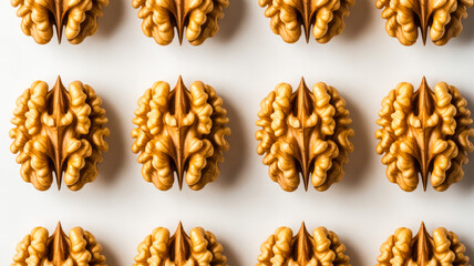 Golden brown walnuts arranged in a symmetrical pattern food healthy