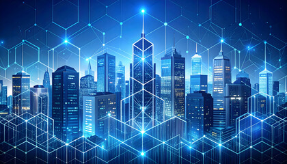 Digitally Connected City at Night Displaying Data Network with Blue Geometric Lines on Buildings