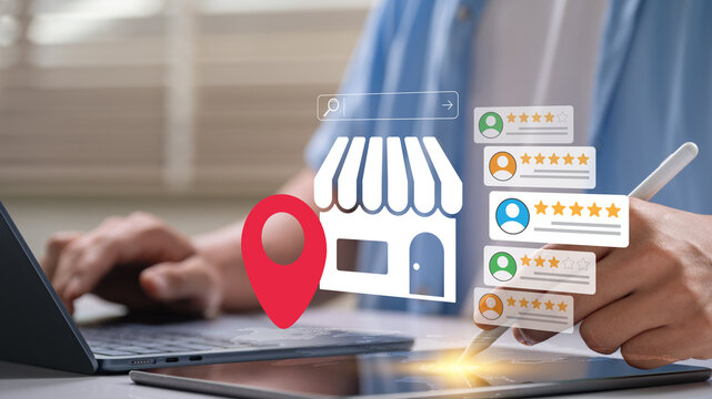 Local search marketing concept with customer review rating, store location icon, Digital marketer management on local SEO using laptop and tablet to boost small business