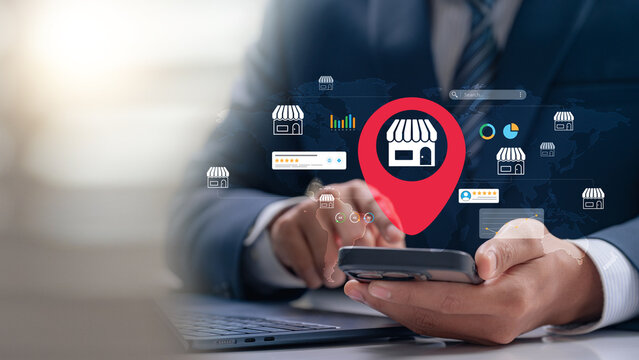 Digital marketing for local stores across global map using mobile location technology, customer review management, SEO insights and business data analysis, mobile local business search by businessman