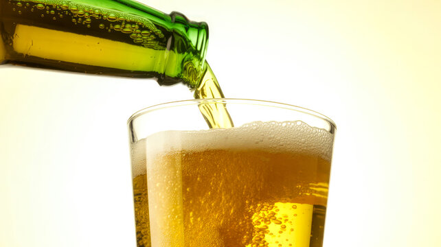Green bottle pouring golden lager into clear glass with foam beer