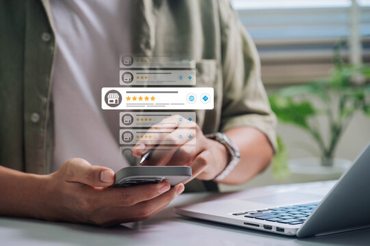 Customer rating and online review management for local business shown on smartphone and laptop with star ratings, feedback icons, and digital marketing concept for SEO visibility and reputation growth