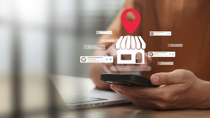 local business search and SEO strategy with customer review rating, storefront icon, location pin,...