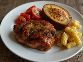 Delicious grilled chicken dinner with baked potato and macaroni and cheese