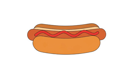 Classic hot dog illustration with a sausage in a soft bun topped with a wavy line of red ketchup.