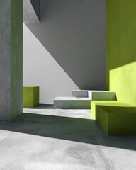 Modern interior design, concrete and lime-green. Sunlight streams in, creating shadows