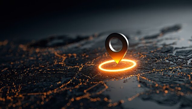 Dark map with glowing location marker - Powered by Adobe