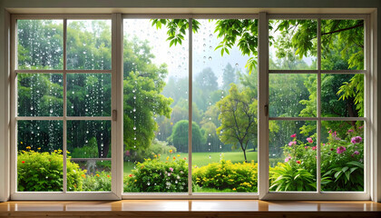 Obraz premium Rainy day garden view through window