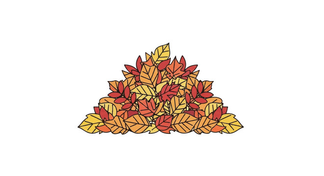 Colorful cartoon pile of fallen autumn leaves in vibrant red orange and yellow hues with black outlines.