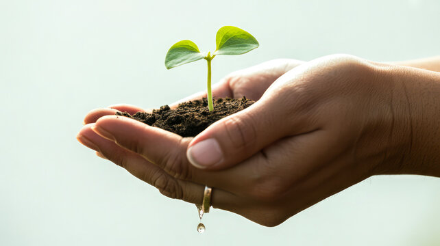 Hands holding young plant with soil and water droplet seedling sprout