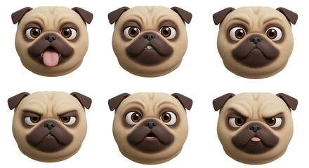 Fototapeta premium Pug dog faces set various emotions