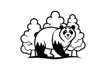 Happy Panda Walking with Forest on White Background Design