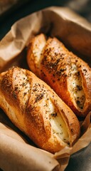 Two golden-brown, baked bread rolls, topped with seasonings, nestled in a parchment-lined baking dish