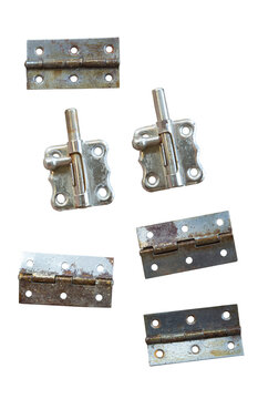 Bisagras planas y cerraduras met&aacute;licas antiguas. Imagen aislada. Fondo transparente