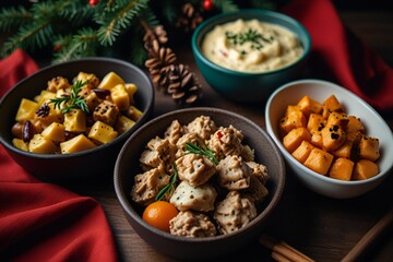 Festive holiday appetizers and sides arranged for a celebration