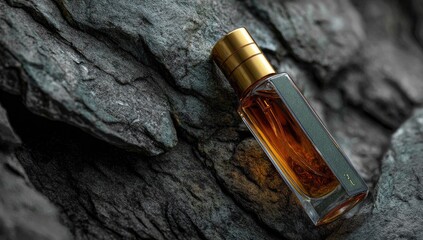 Amber perfume bottle rests on rugged, dark gray stone