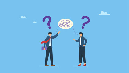 Business people colleagues communicate with messy line. Communication problem, misunderstanding or confusion, mess or chaos communicate, conflict opinion, discussion or meeting conversation.