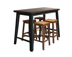 Wooden bar table with stools.  Dark-brown table, dark-gray metal frame. Four light-brown stools