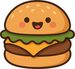 Adorable happy cartoon burger character smiling brightly