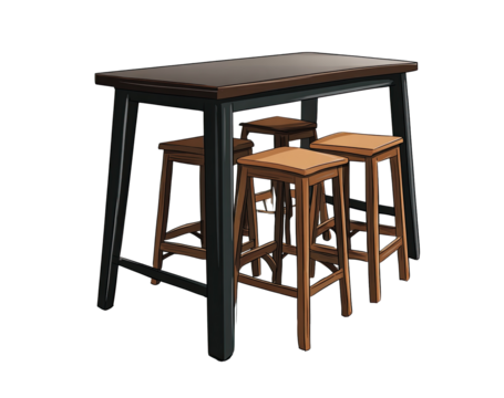 Wooden bar table with stools.  Dark-brown table, dark-gray metal frame. Four light-brown stools