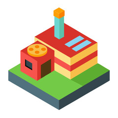 Colorful isometric factory building with chimney and round top