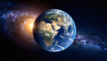 Fototapeta premium Earth and Galaxy in a Cosmic Space Displaying Detailed Surface Features and Stellar Background