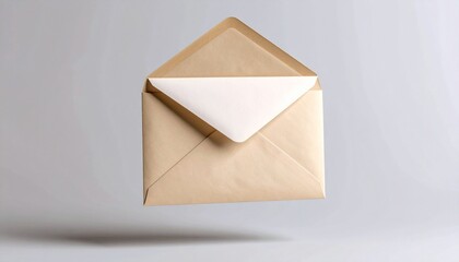 A beige envelope with a white flap floating against a light gray background, styled with minimal elegance and soft shadows.
