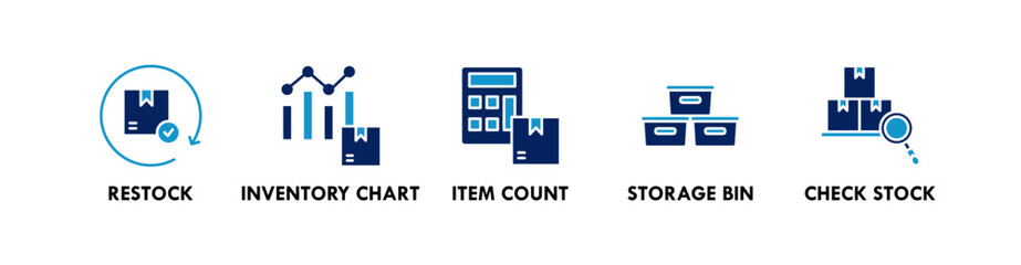 Fototapeta premium Inventory Management banner web icon illustration concept with icon of restock, inventory chart, item count, storage bin, and check stock