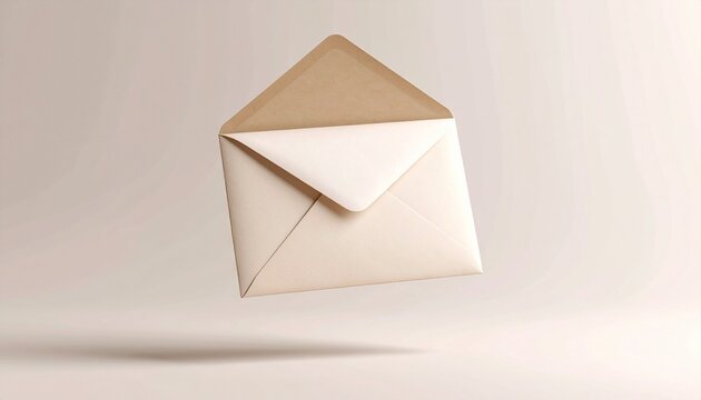 A beige envelope with a white flap floating against a light gray background, styled with minimal elegance and soft shadows.