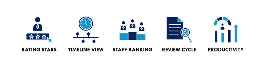 Performance Management banner web icon illustration concept with icon of rating stars, timeline view, staff ranking, review cycle, and productivity
