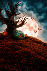 Mysterious tree, halloween pumpkins and bats in spooky night