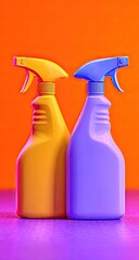 Two colorful spray bottles, orange and purple, face each other