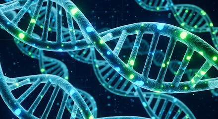 Multiple intertwined DNA helices glowing with vibrant blue and green light against a dark, abstract background