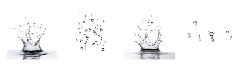 Water drops in various forms on a white background