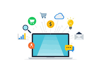 A laptop surrounded by icons shopping cart chart email money cloud idea and speech bubble