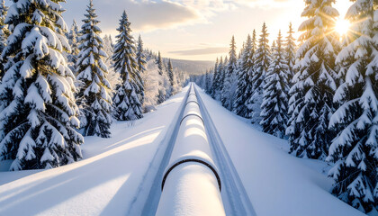 Snow Covered Pipeline Runs Through Winter Pine Forest With Sunlight Shining Through Trees