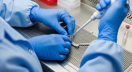 Close-up of a scientist in blue gloves meticulously pipetting liquid in a sterile laboratory setting.