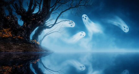 Scary ghosts flying over the lake in mysterious forest