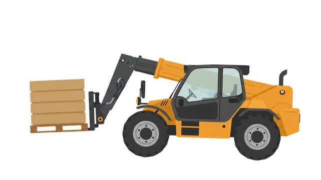 Lifting Boxes with Yellow Telescopic Handler on White Background