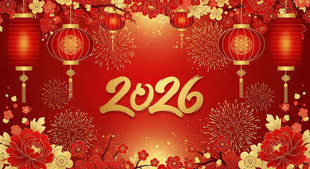 Chinese new year 2026 with lanterns and fireworks on red background vector illustration isolated on white background