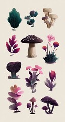 Obraz premium Collection of stylized plants and fungi